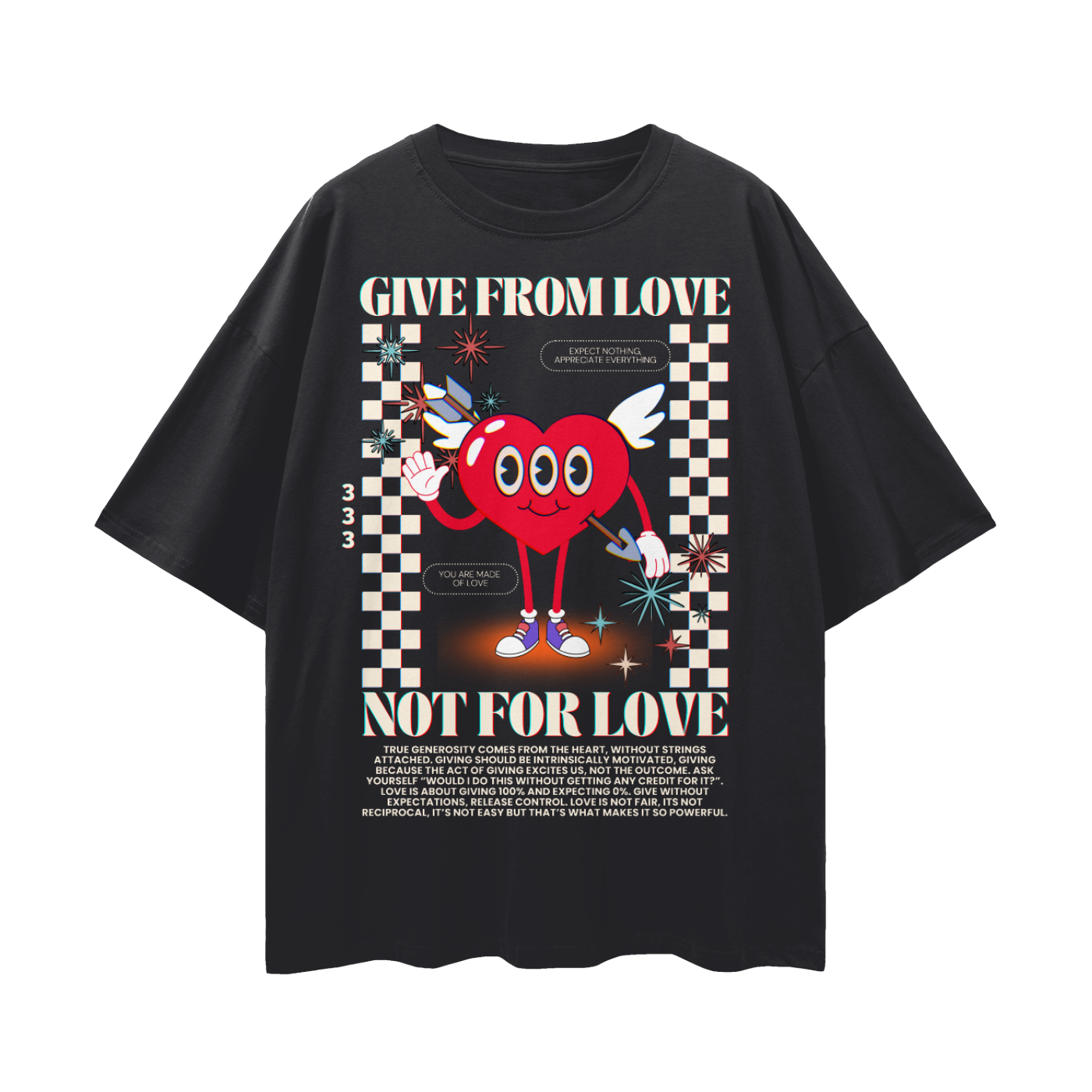 Give From Love not For Love Retro Inspired Heart Character | Oversize Adult Deep Drop Shoulder Tee