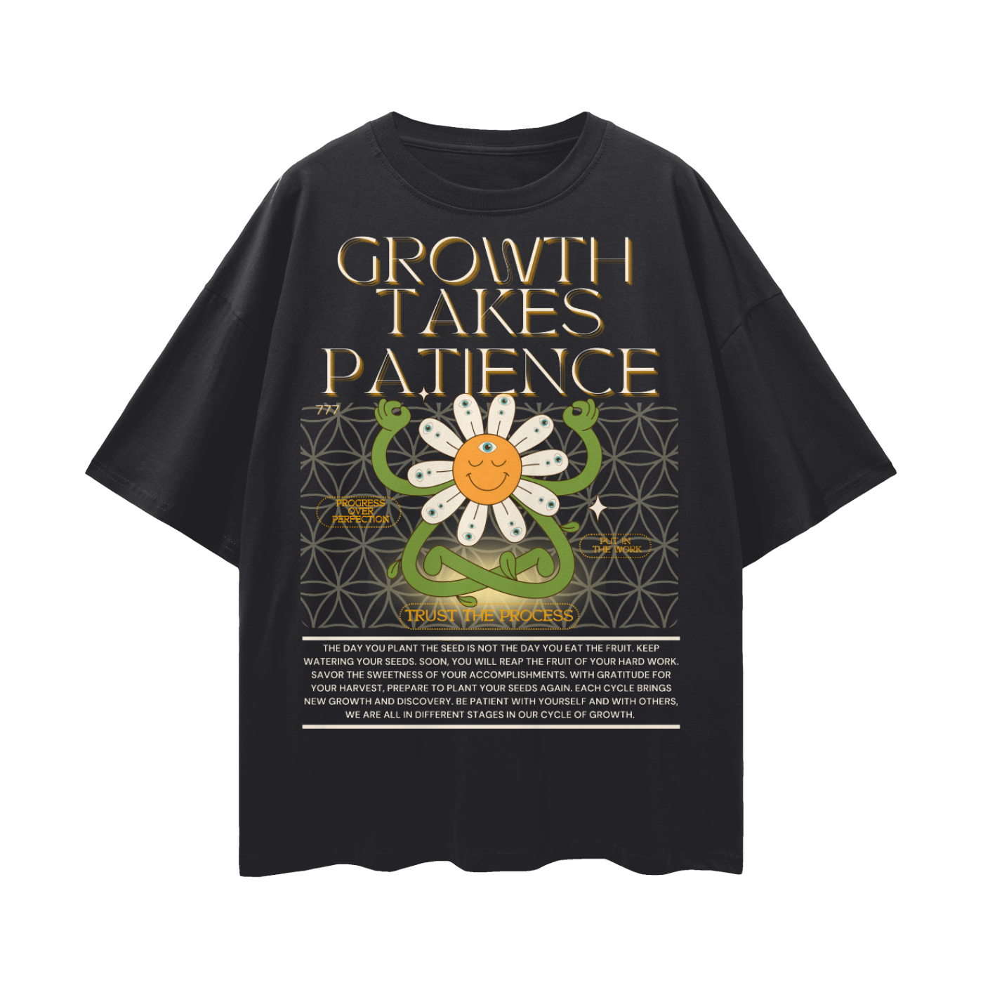 Growth Takes Patience  Retro Inspired Daisy Flower Character   |   Oversize Adult Deep Drop Shoulder Tee