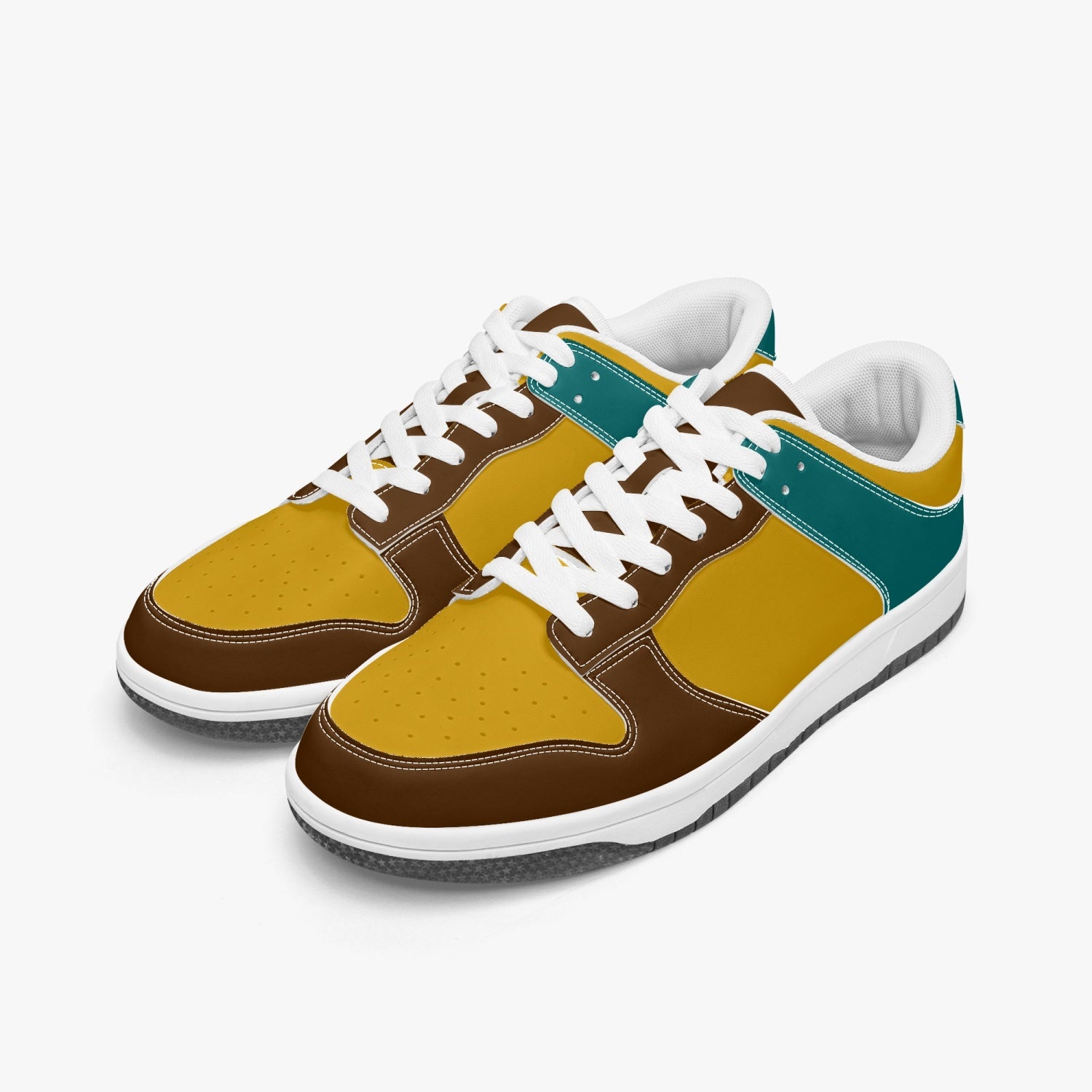 Unique retro color inspired low top leather sneakers. Crafted with premium leather, these sneakers feature teal, yellow and brown color ways for a playful look. Versatile and durable. Shop now for a bold fashion statement!