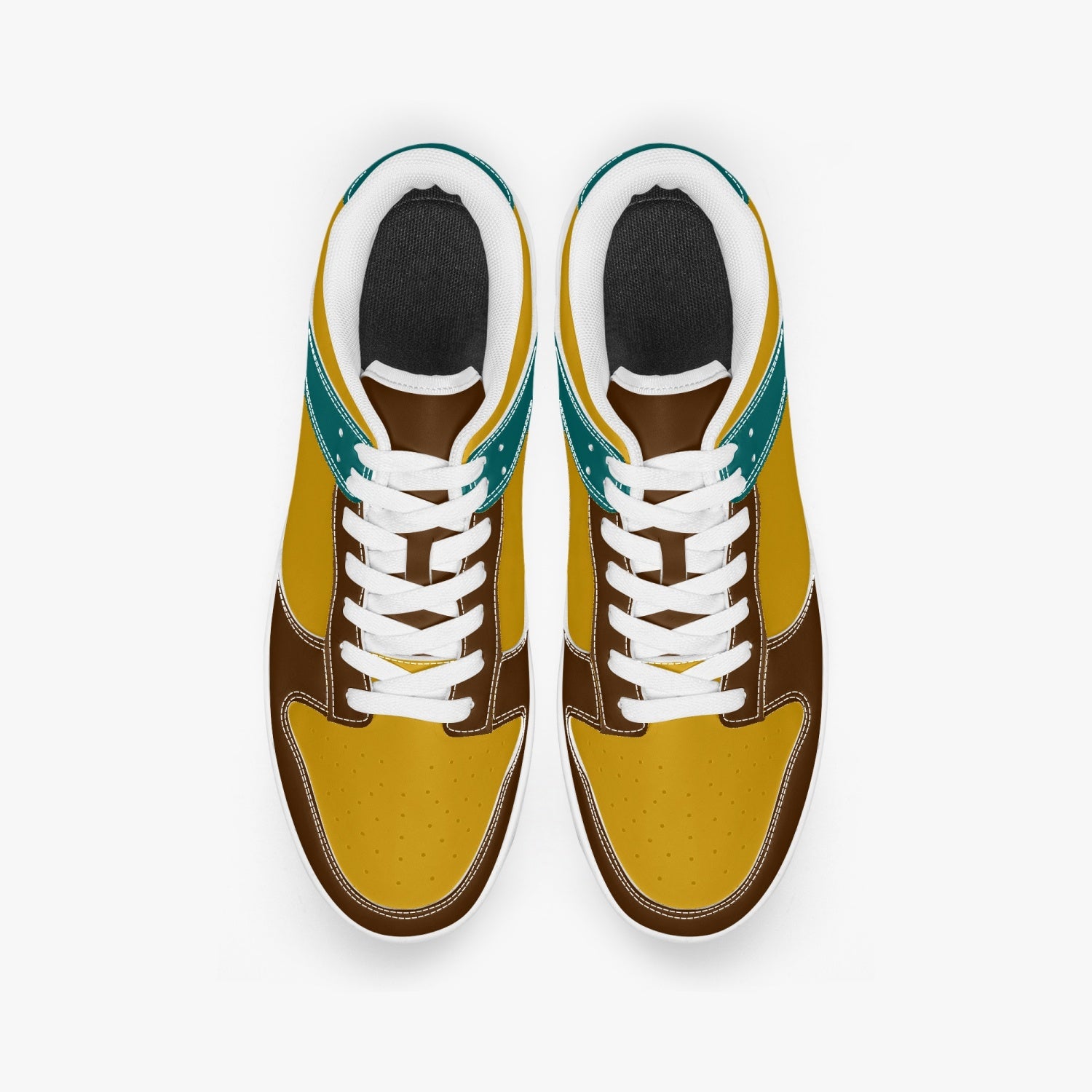 Unique retro color inspired low top leather sneakers. Crafted with premium leather, these sneakers feature teal, yellow and brown color ways for a playful look. Versatile and durable. Shop now for a bold fashion statement!