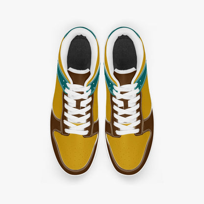 Unique retro color inspired low top leather sneakers. Crafted with premium leather, these sneakers feature teal, yellow and brown color ways for a playful look. Versatile and durable. Shop now for a bold fashion statement!