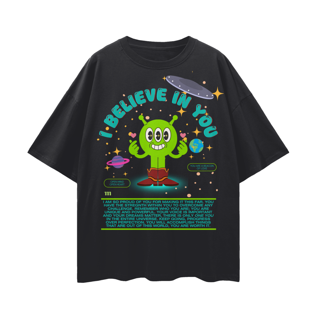 I Believe in You Retro Inspired Alien Character   |   Oversize Adult Deep Drop Shoulder Tee