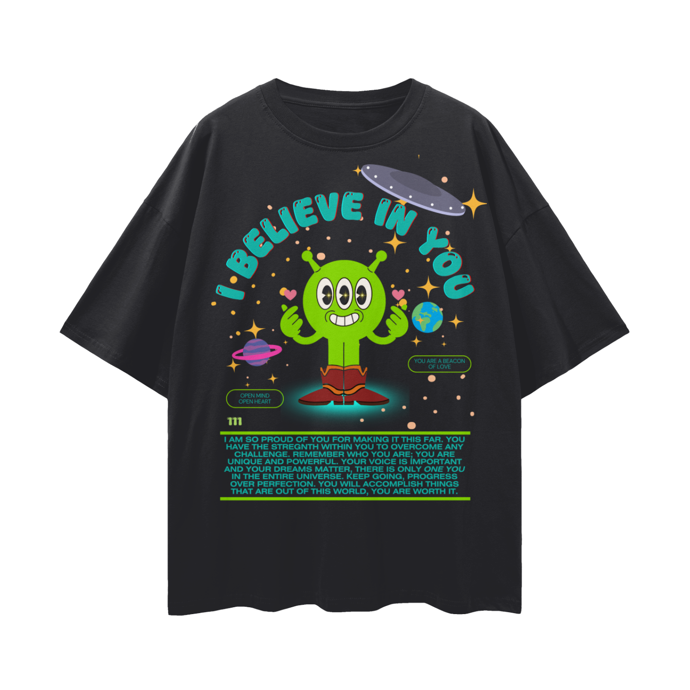 I Believe in You Retro Inspired Alien Character   |   Oversize Adult Deep Drop Shoulder Tee