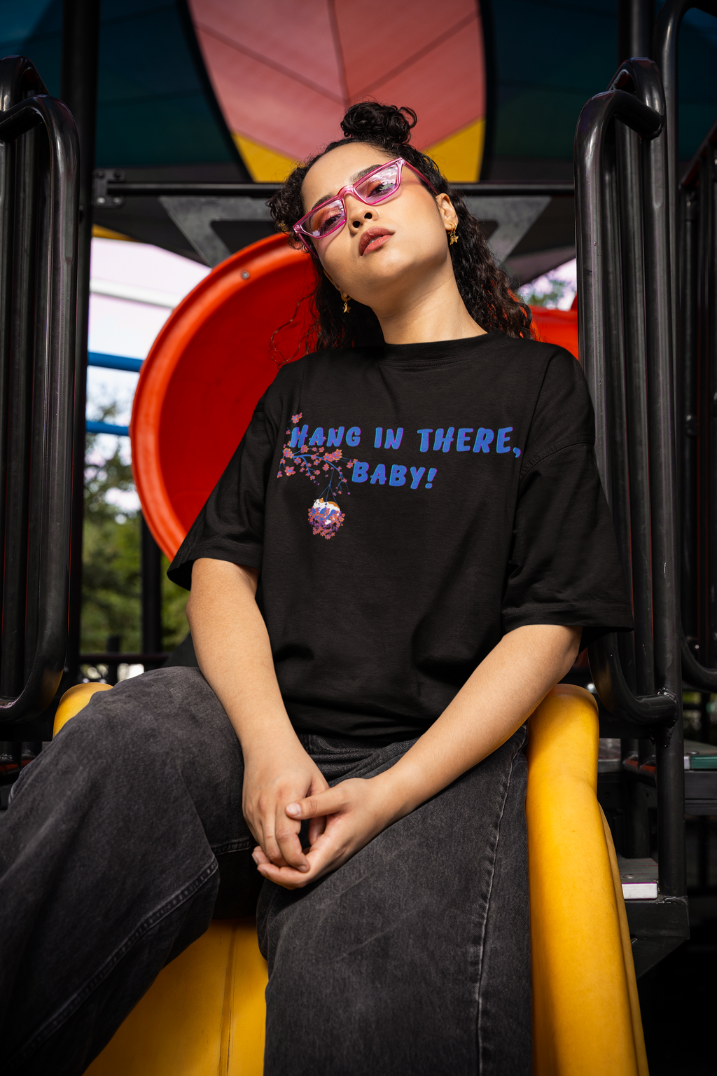 Hang in There, Baby! (Psychedelic Cherry Blossoms)   |   Oversize Deep Drop Shoulder Tee