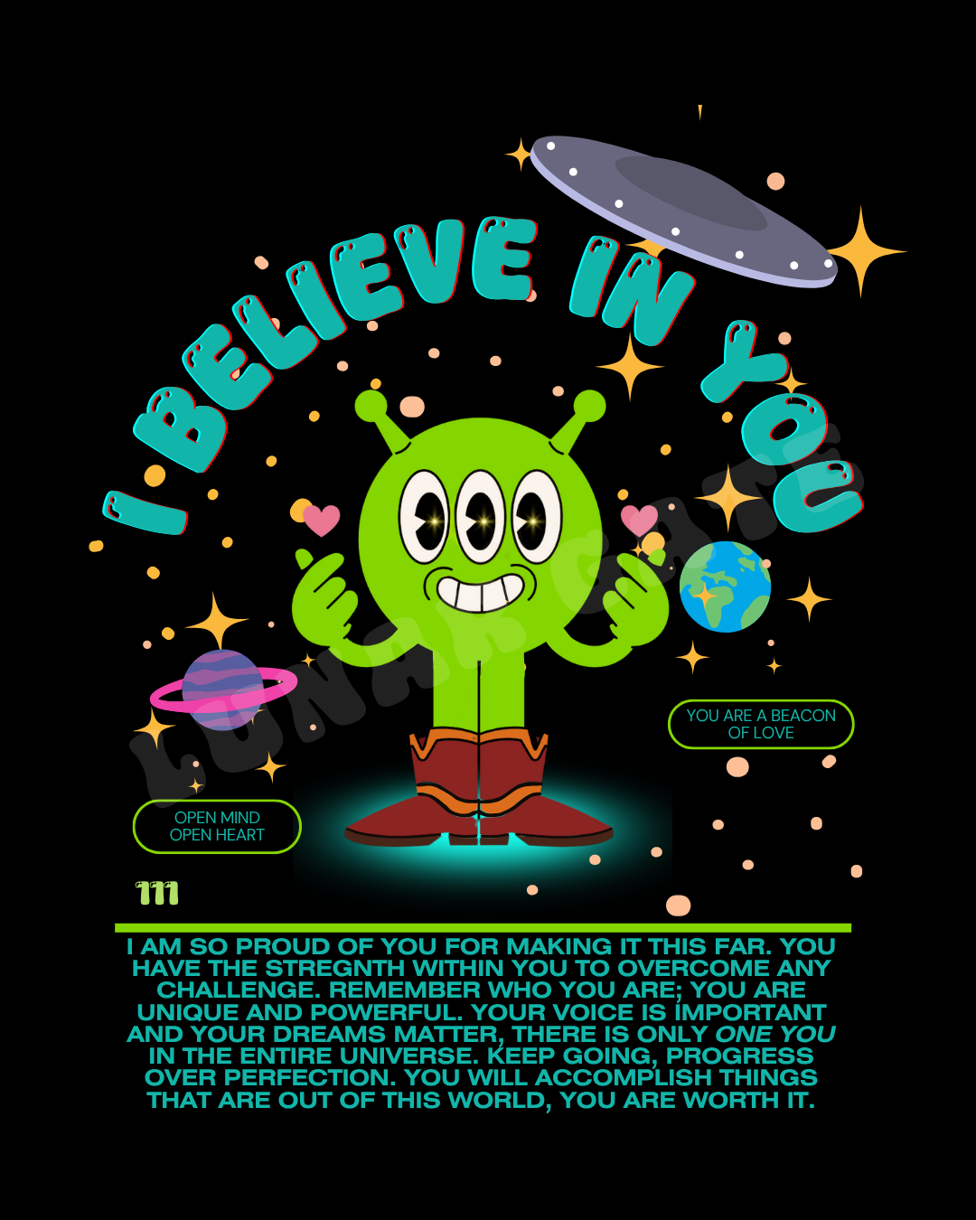 I Believe in You Retro Inspired Alien Character   |   Oversize Adult Deep Drop Shoulder Tee
