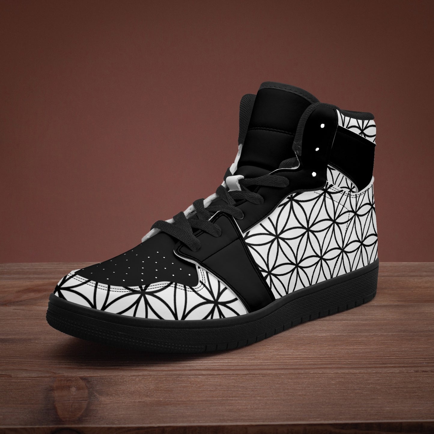 Black and White Flower of Life Sacred Geometry  |   Takai High Top Leather Sneakers