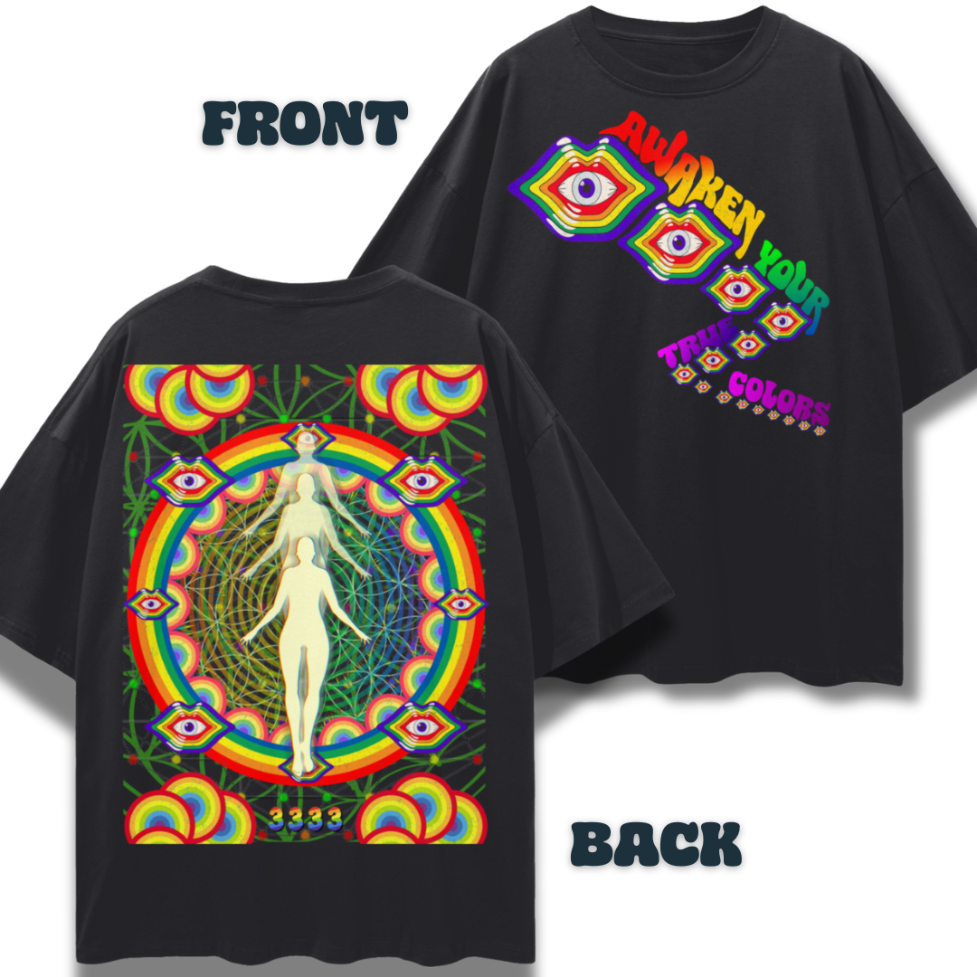 Awaken Your True Colors Psychedelic Rainbow RGB light art   |   Oversize Adult Deep Drop Shoulder Tee