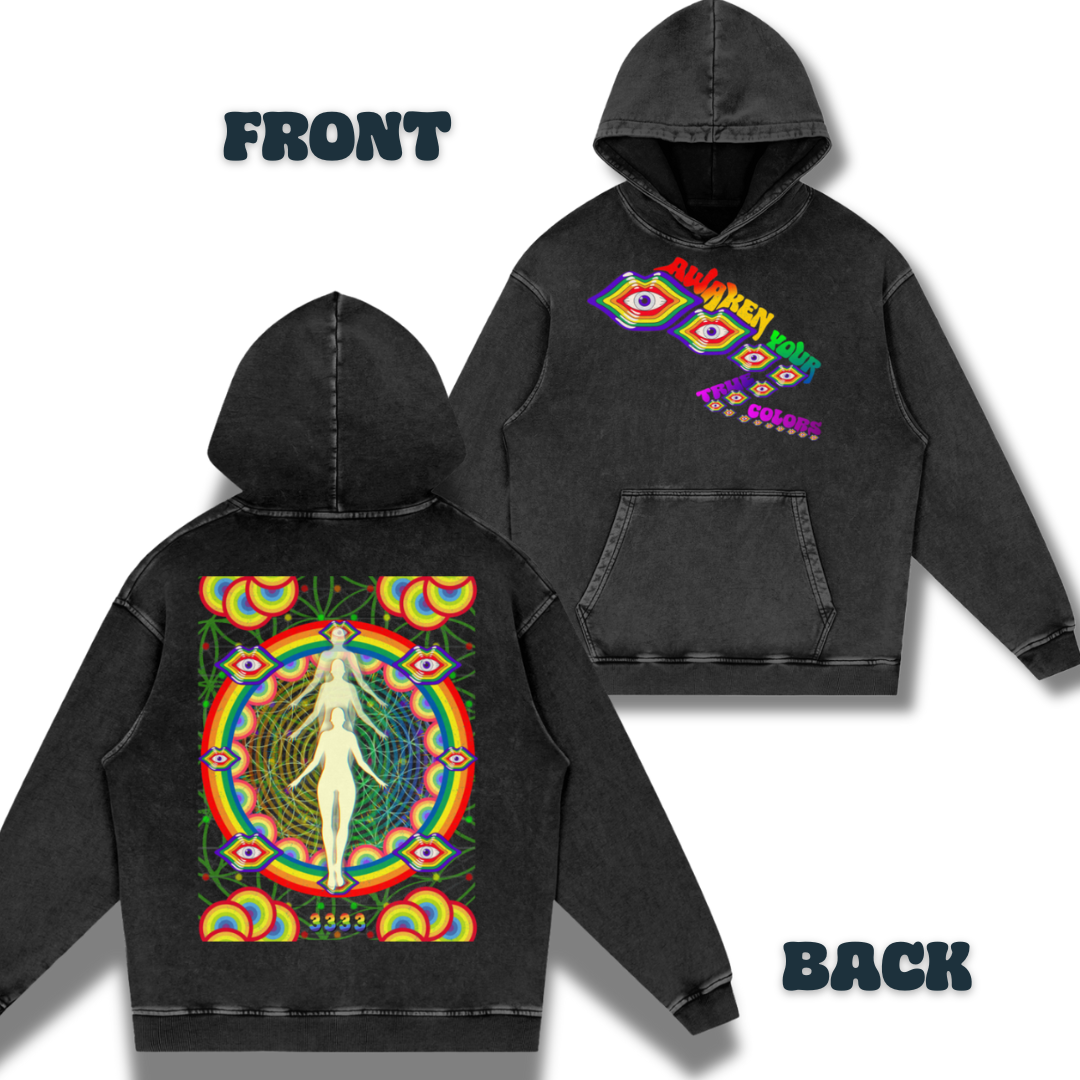 Awaken Your True Colors Psychedelic Rainbow RGB light art   |   Acid Wash Adult Oversize Hoodie